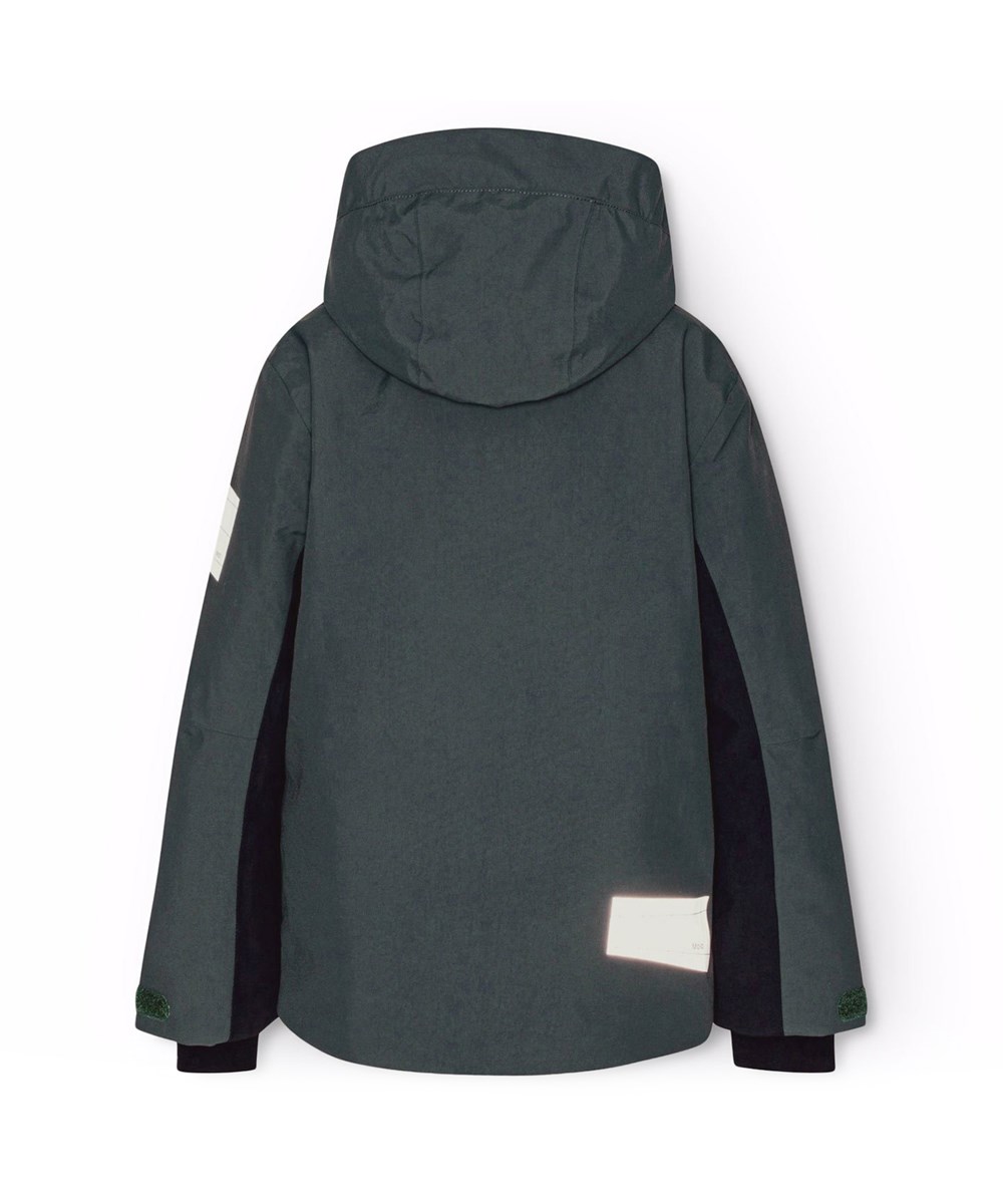 Alpine - Block - Zeegroene en zandkleurige wind- en waterdichte ski-jas voor kinderen van gerecycled nylon en polyester.