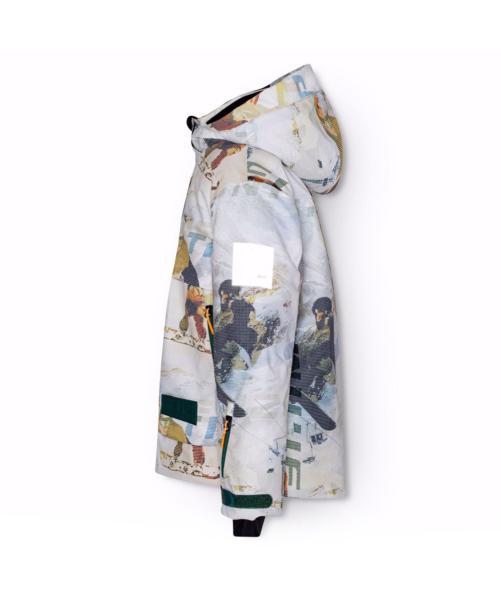 Alpine - Spin 1260 - Wind- en waterdichte ski-jas voor kinderen van gerecycled polyester met een pixelprint van een coole snowboarder in de Alpen.