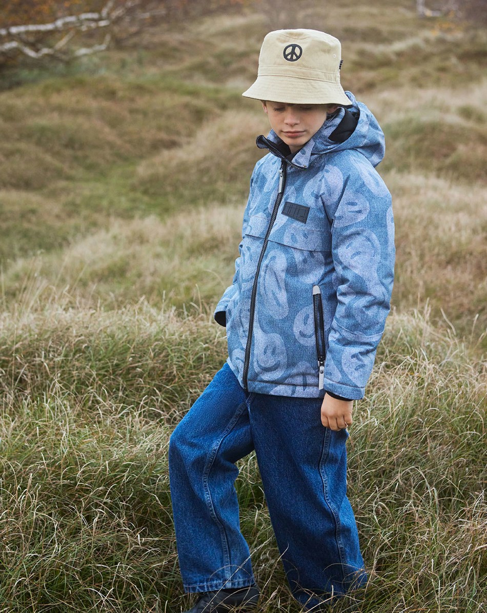 Castor - Denim Swirley - Gerecyclede winterjas met blauwe smiley’s