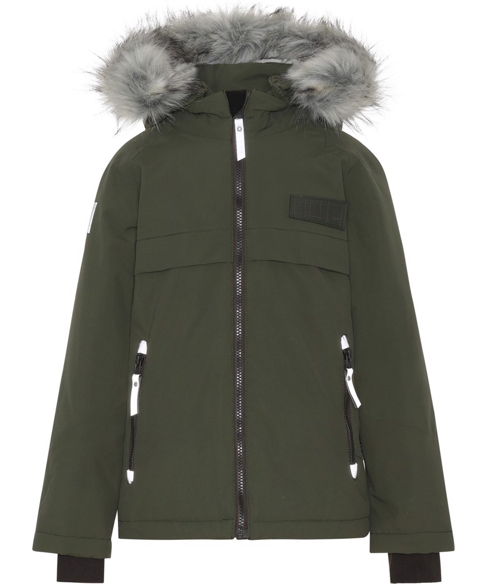 Castor Fur - Forest - Gerecyclede groene winterjas met bontkraag