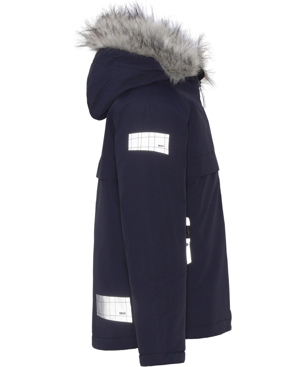 Castor Fur - Galaxy Blue - Gerecyclede blauwe winterjas met bontkraag