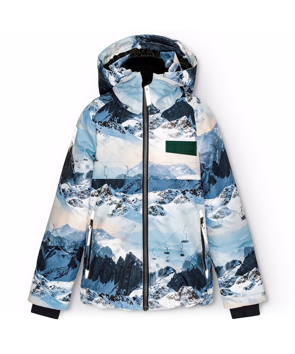 Castor - Mountain High - Wind- en waterdichte winterjas voor kinderen van gerecycled polyester met een print van een winterlandschap in tinten blauw.