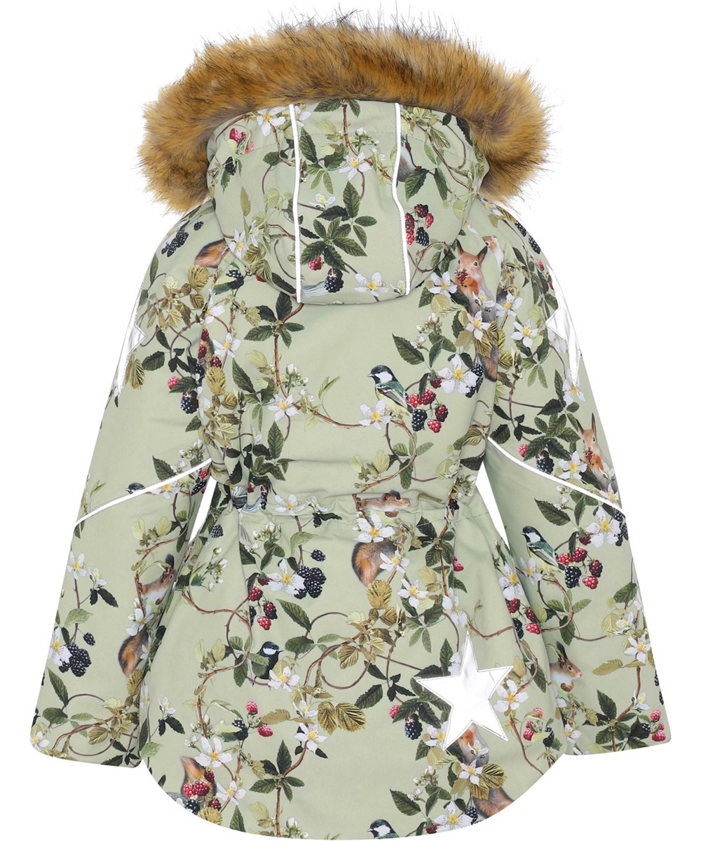 Cathy Fur - Forest Life - Gerecyclede groene winterjas met bloemen en bramen