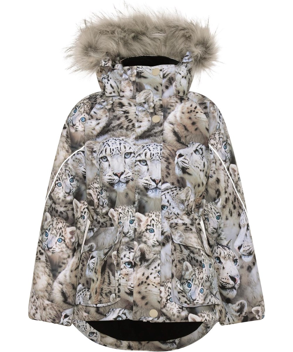 Cathy Fur - Snowy Leopards - Gerecyclede waterdichte winterjas met sneeuwluipaarden print