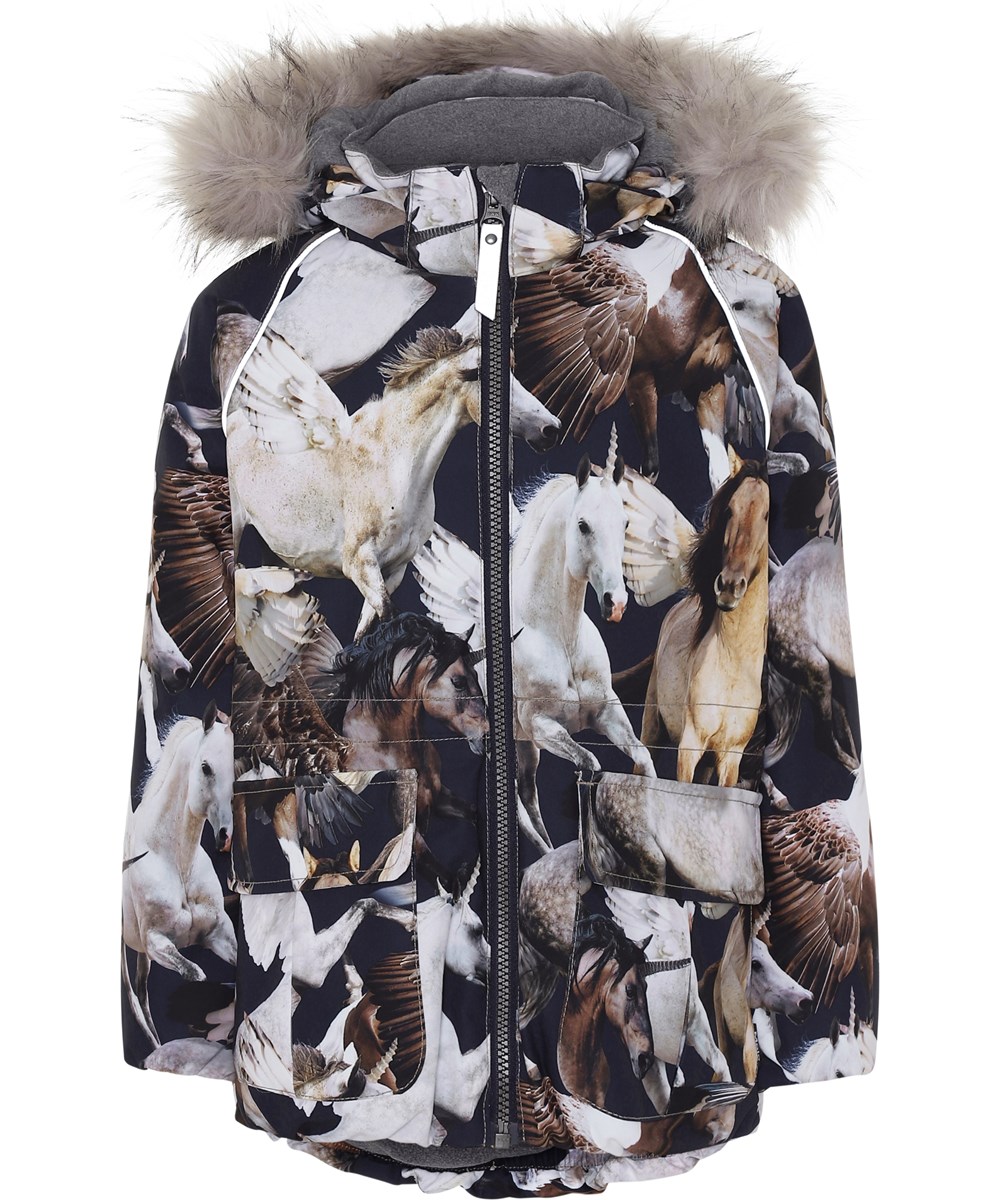 Cathy Fur - Unicorn And Pegasus - Donkerblauwe winterjas met eenhoorns.