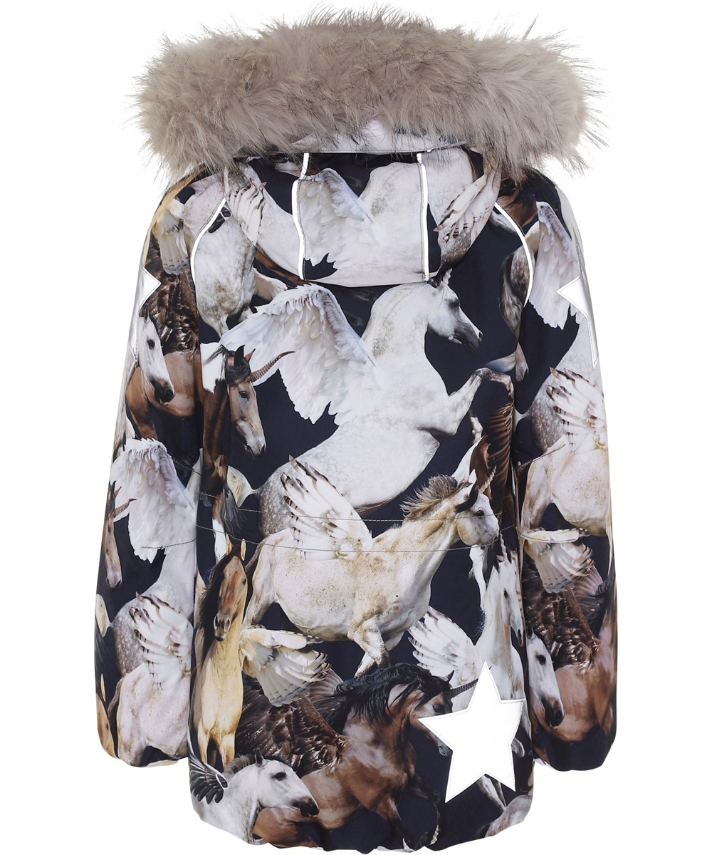 Cathy Fur - Unicorn And Pegasus - Donkerblauwe winterjas met eenhoorns.