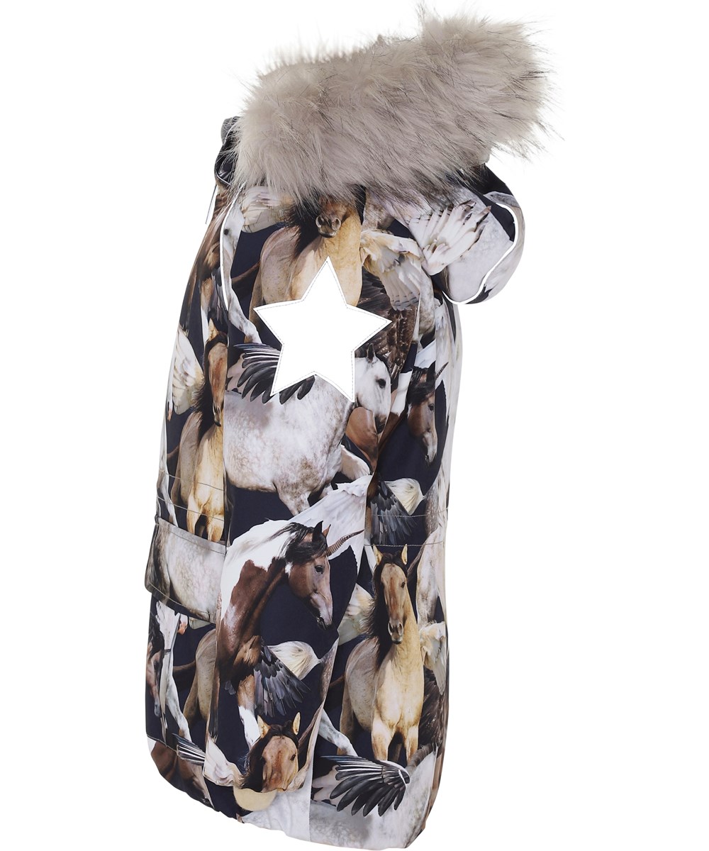 Cathy Fur - Unicorn And Pegasus - Donkerblauwe winterjas met eenhoorns.