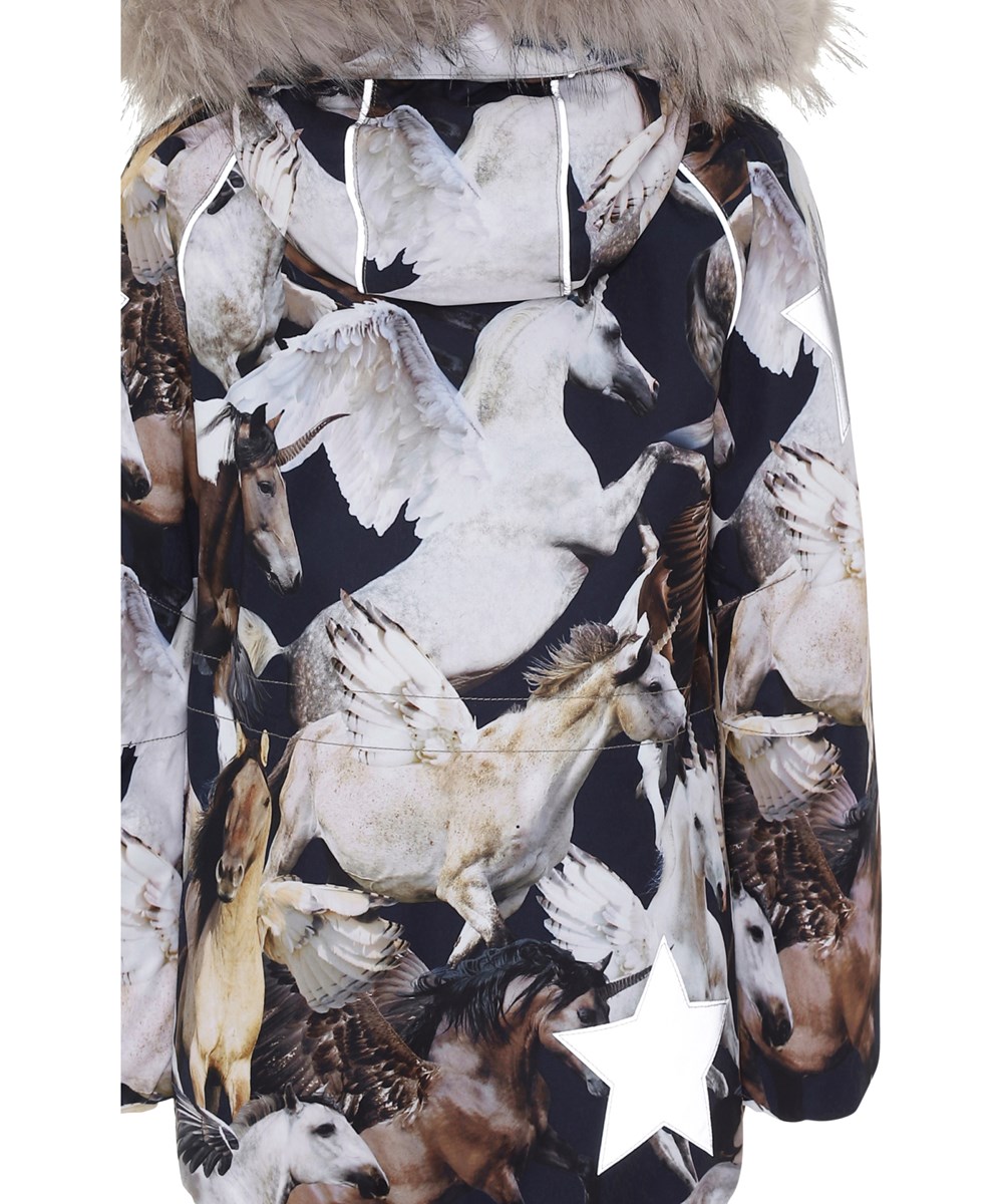 Cathy Fur - Unicorn And Pegasus - Donkerblauwe winterjas met eenhoorns.