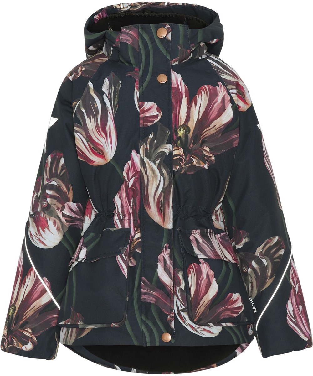 Cathy - Tulips - Gerecyclede zwarte winterjas met tulpen