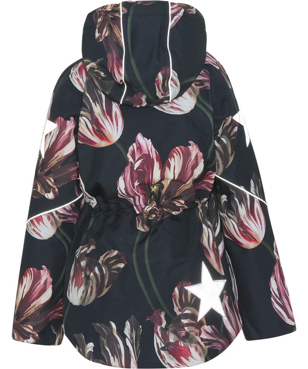 Cathy - Tulips - Gerecyclede zwarte winterjas met tulpen