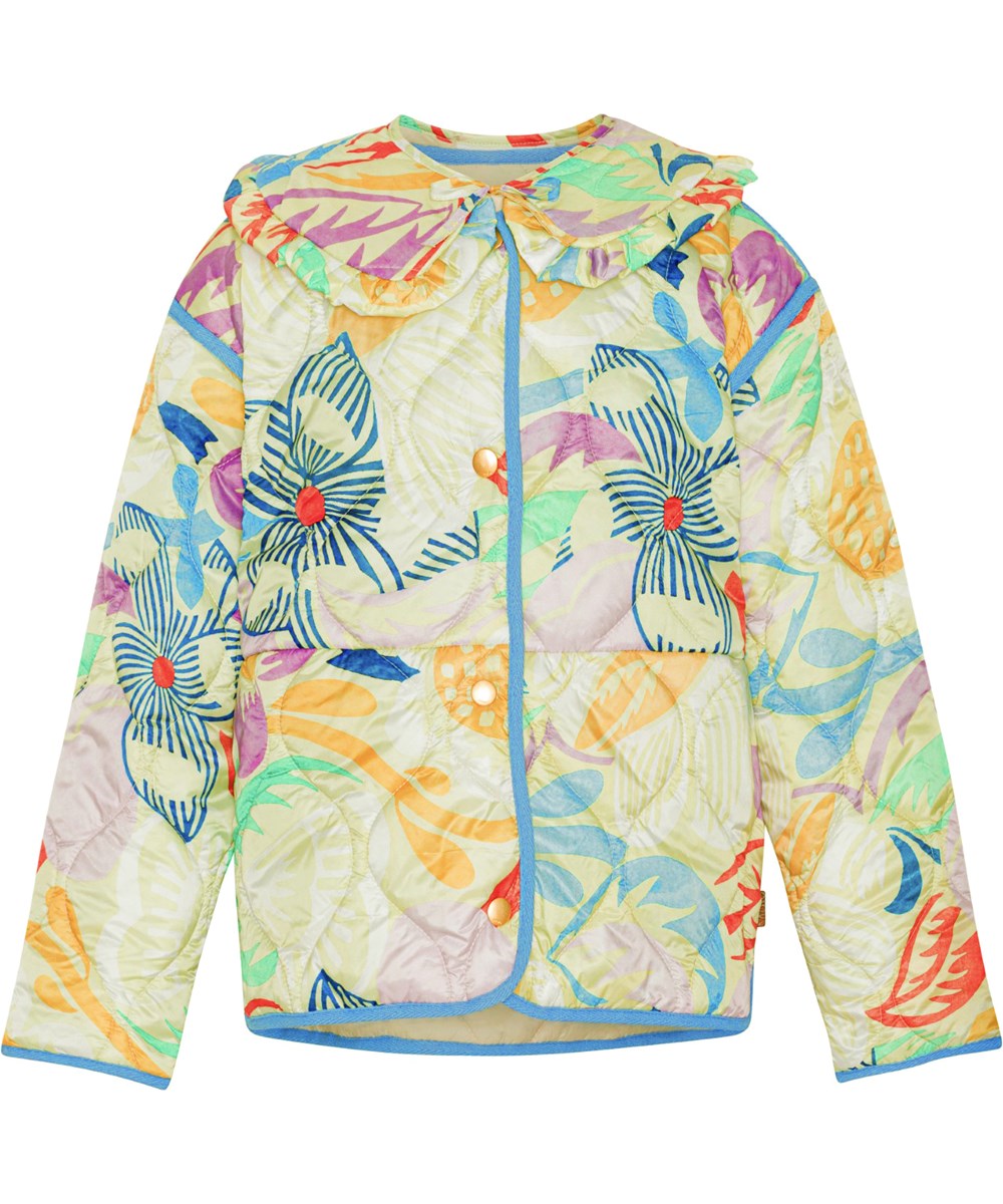 Hailey - Charleston Floral - Lichtgele doorgestikte zomerjas voor kinderen met bloemenprint en afneembare ruche kraag