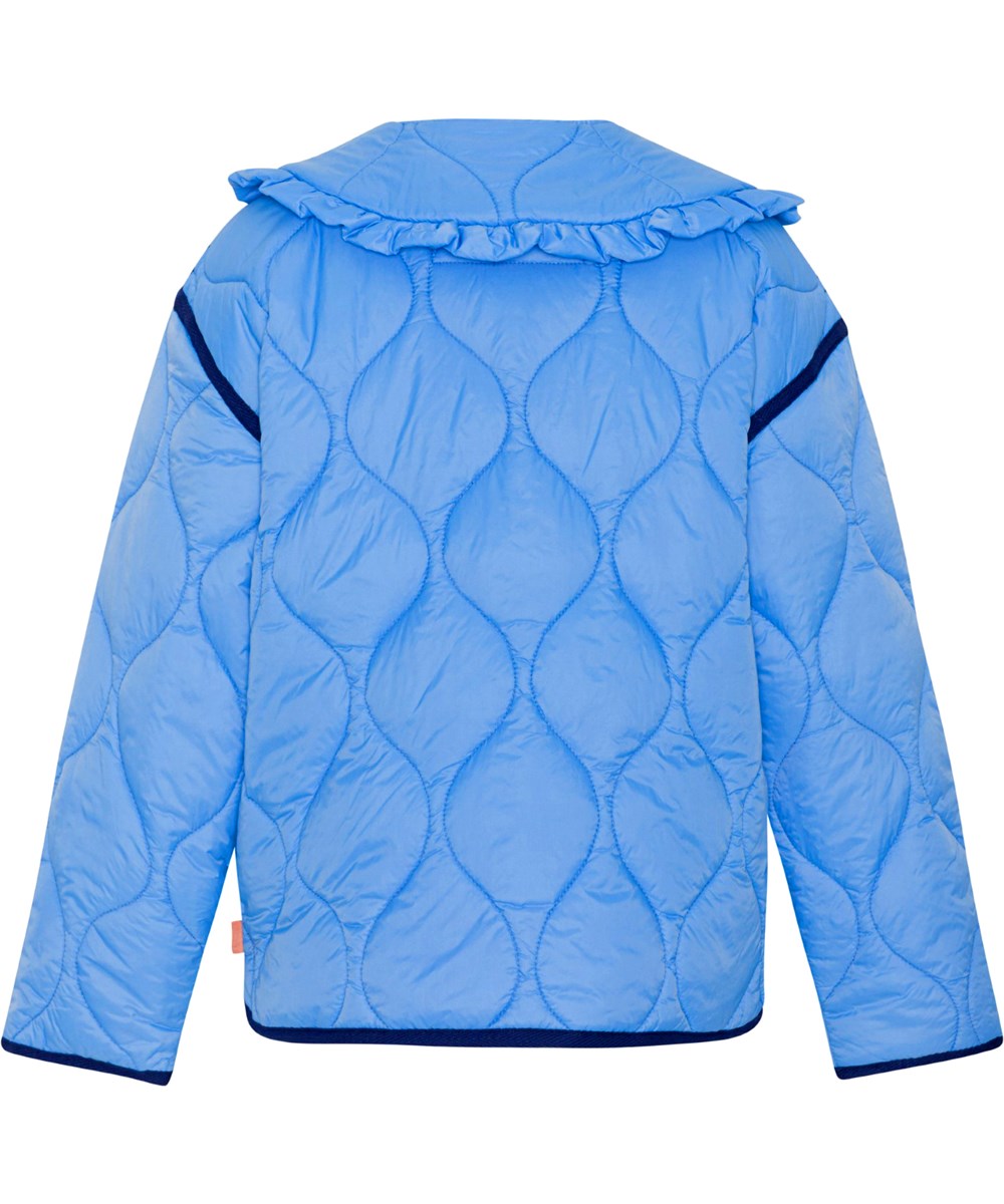 Hailey - Forget Me Not - Blauwe doorgestikte zomerjas voor kinderen met afneembare ruche kraag 