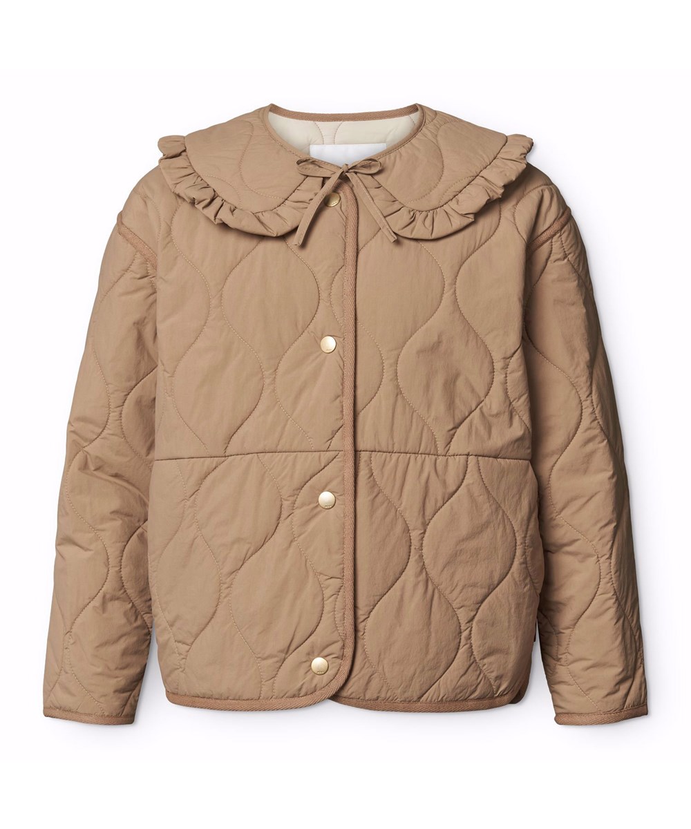 Hailey - Sandalwood - Bruine waterafstotende thermische kinderjas van gerecycled nylon met een doorgestikt patroon en afneembare ruche kraag.