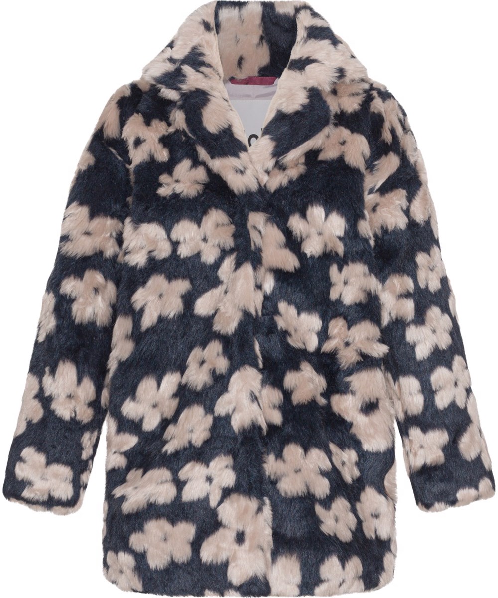 Haili - Flower Fur - Donkerblauwe faux fur jas met beige bloemen