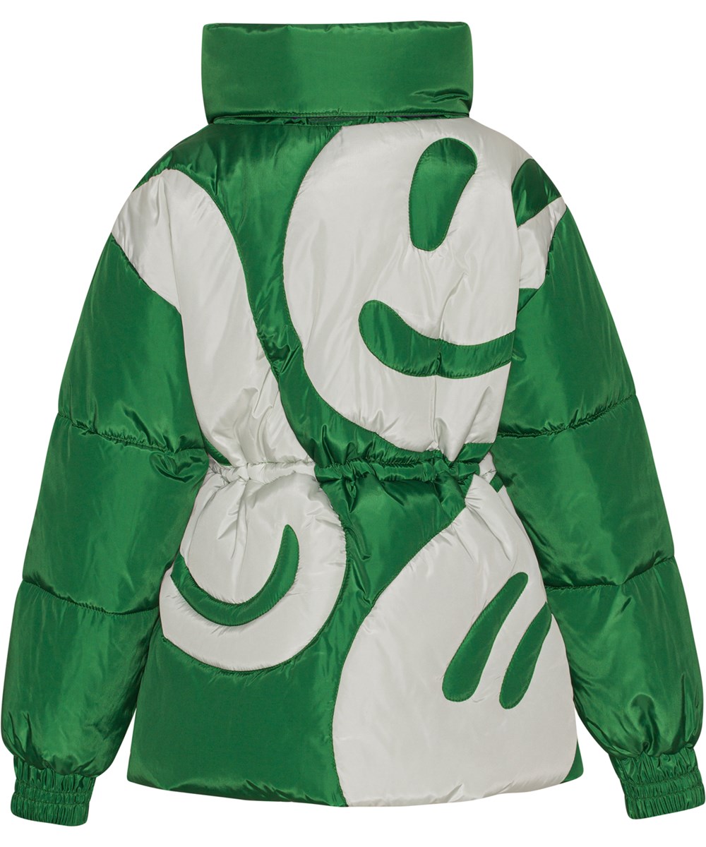 Hally - Woodland Smiles - Groene gewatteerde pufferjack met print van witte smileys op de rug