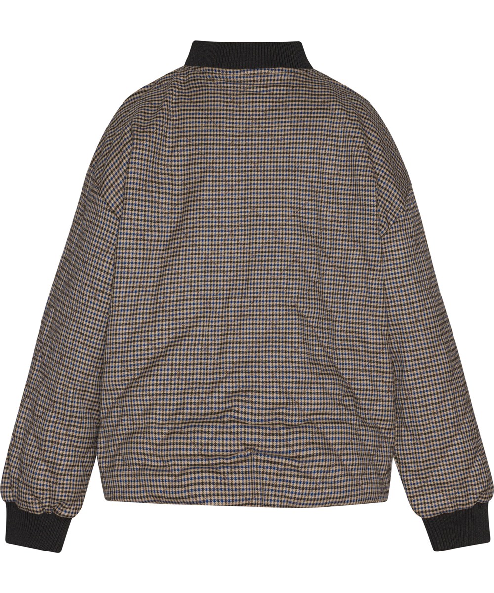 Hanne - Sand Blue Check - Geruite, gewatteerde bomberjack met bruine en blauwe ruiten