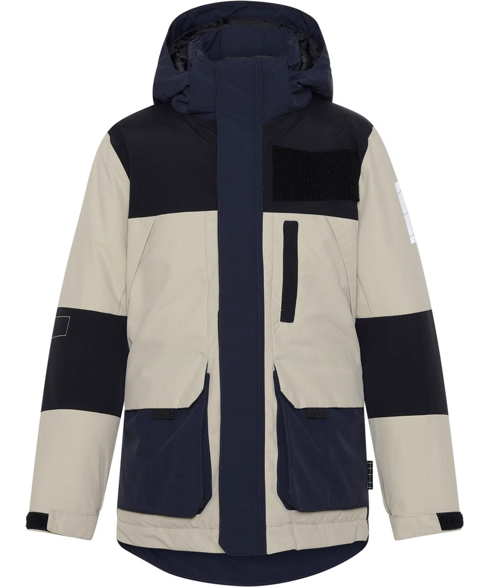 Harding - Block Moon Sand - Zwarte, blauwe en beige gerecyclede jas