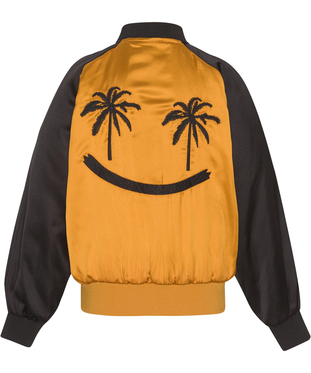 Harly - Smile Back - Gouden bomberjack met zwarte mouwen en geborduurde smiley