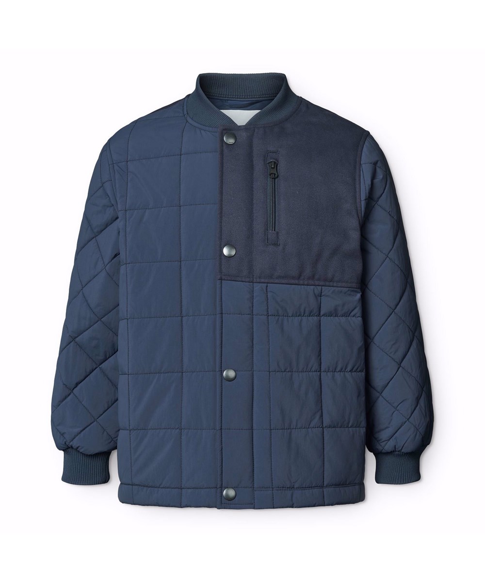 Harold - Mood Blue - Donkerblauwe doorgestikte waterafstotende thermische kinderjas van gerecycled nylon met canvas deatails en zakken met rits