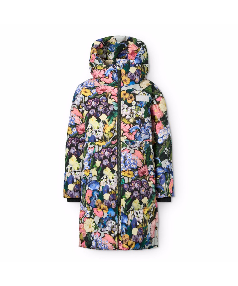 Harper - Floral Impression - Wind- en waterafstotende kinderjas gemaakt van gerecycled nylon met bloemenprint, ritssluiting, hoge kraag en afneembare capuchon.