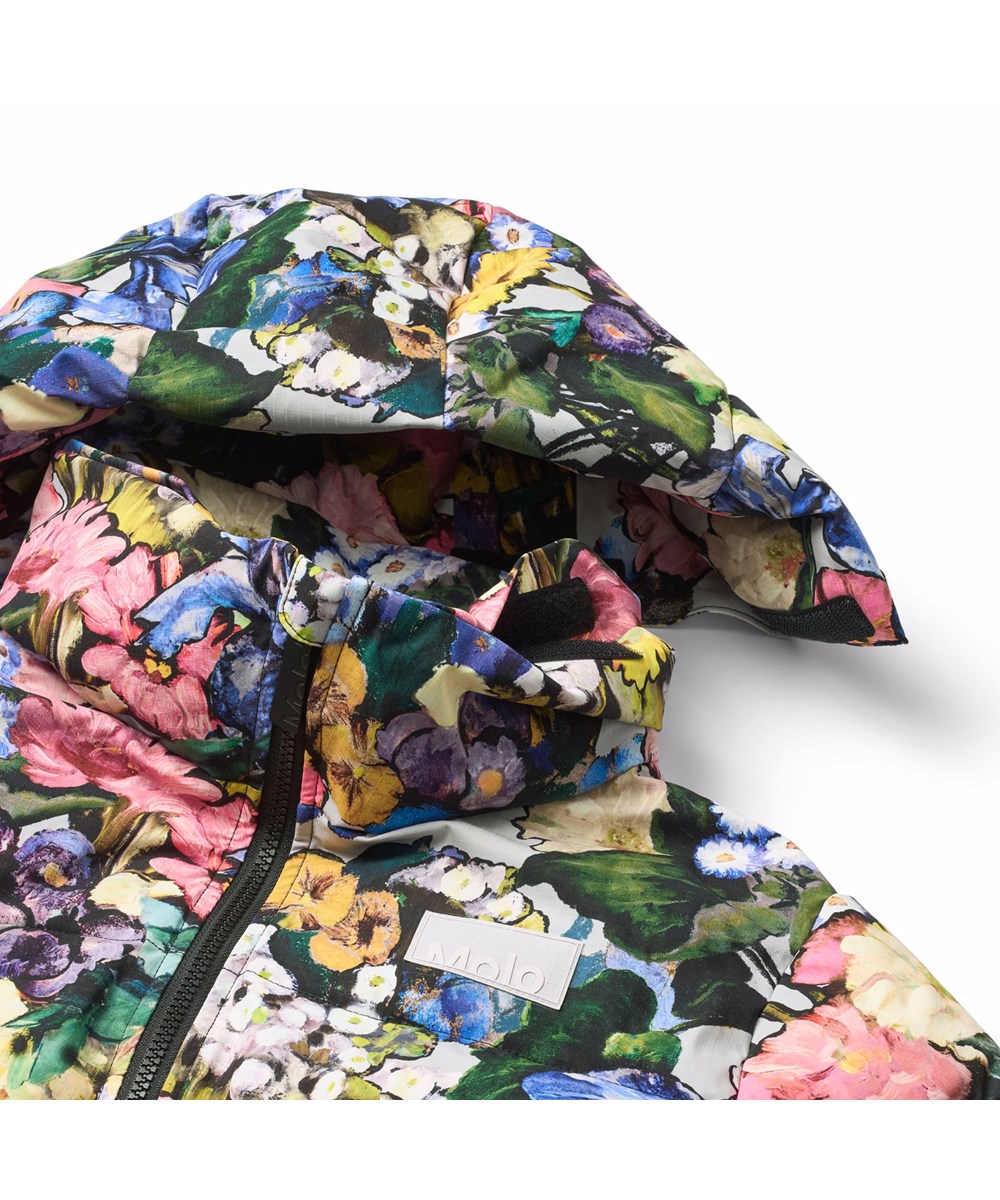 Harper - Floral Impression - Wind- en waterafstotende kinderjas gemaakt van gerecycled nylon met bloemenprint, ritssluiting, hoge kraag en afneembare capuchon.