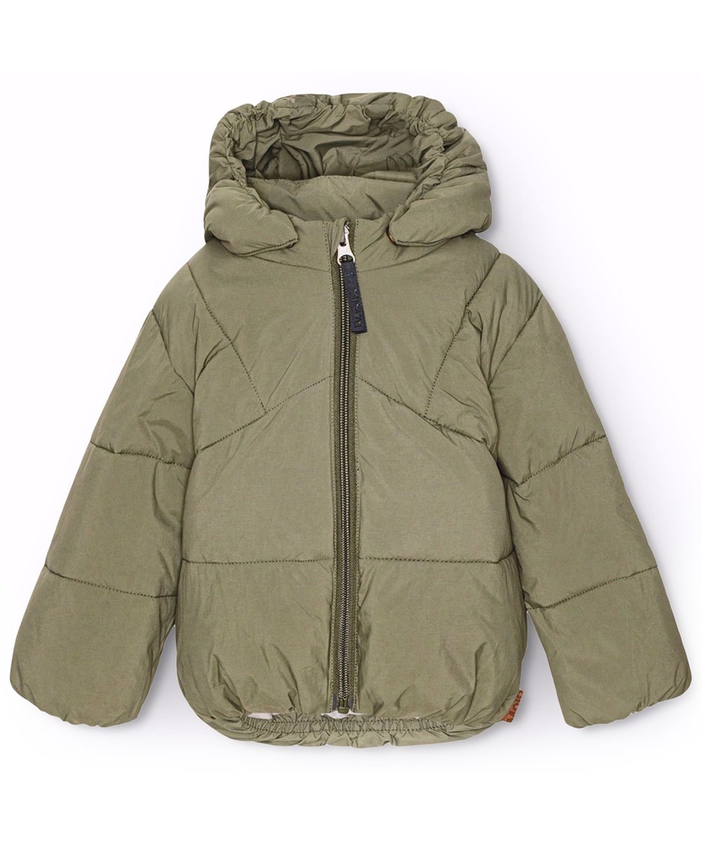 Harpo - Bark - Waterafstotende olijfgroene jas voor baby's en peuters van gerecycled nylon.