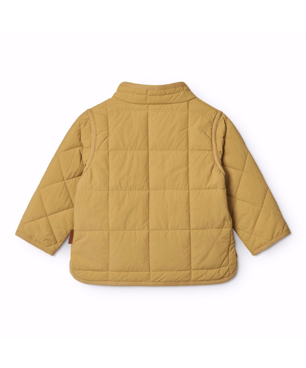 Harrie - Suede - Kaki kleurige waterafstotende thermische kinderjas van gerecycled nylon met een doorgestikt patroon.