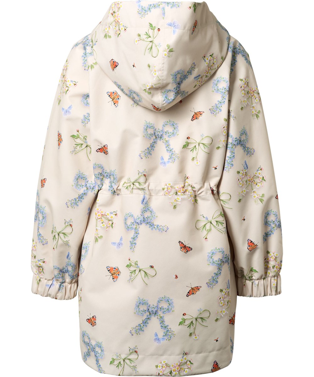 Hennah - Floral Bows - Off-white wind- en waterdichte jas voor kinderen gemaakt van gerecycled polyester met een vlinderprint.