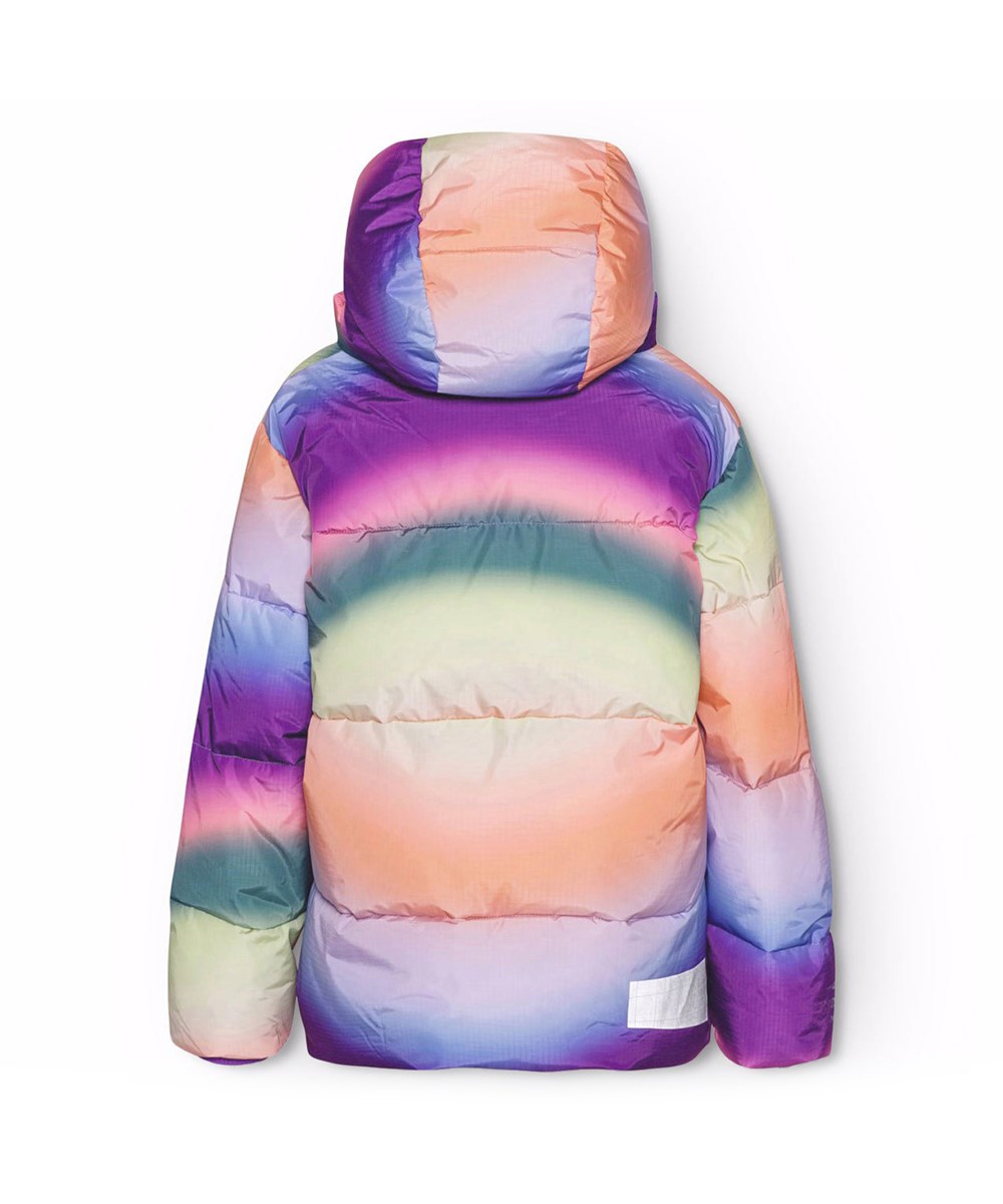 Hilo - Wavy Rainbow - Warme gewatteerde jas voor kinderen van gerecycled polyester met een kleurrijke overlopende graffiti print.