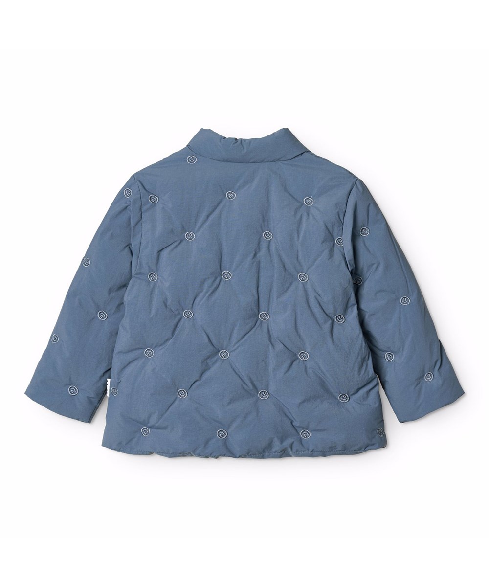 Hiroku - Evening Sky - Blauwe waterafstotende gewatteerde jas voor de kleintjes gemaakt van gerecycled nylon met geborduurde kleine lachende gezichtjes.