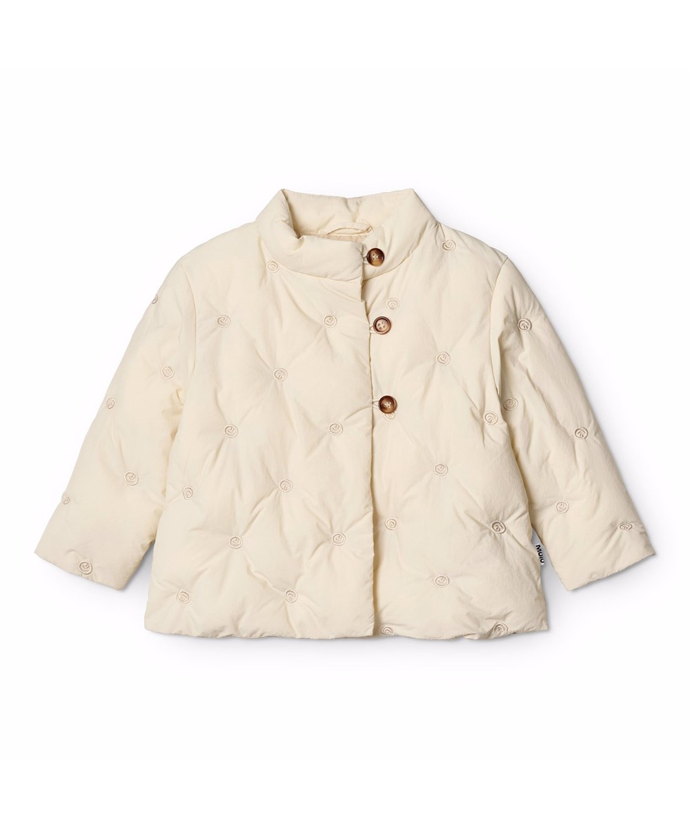 Hiroku - White Noise - Gebroken witte waterafstotende gewatteerde jas voor de kleintjes gemaakt van gerecycled nylon met geborduurde kleine lachende gezichtjes.