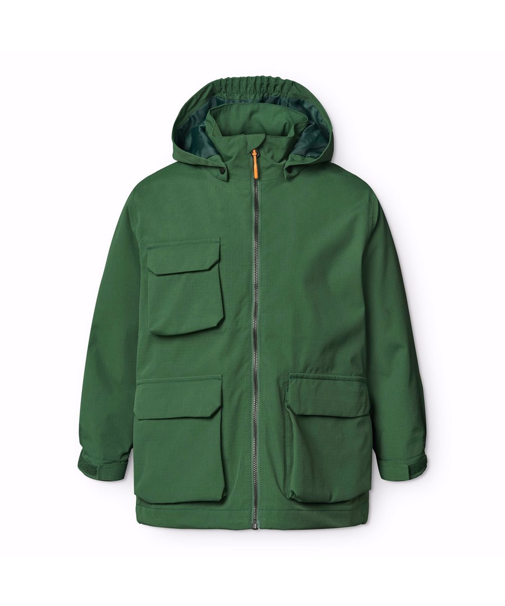 Hobson - Rubber Tree - Groene wind- en waterdichte regenjas voor kinderen van gerecycled nylon met afneembare capuchon.