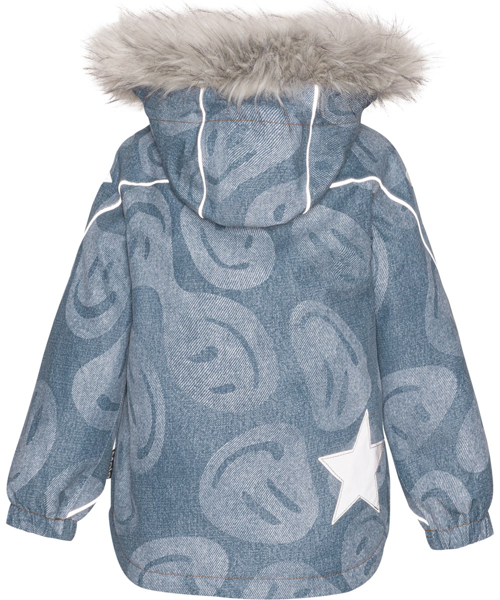 Hopla Fur - Denim Swirley - Gerecyclede blauwe winterjas met smiley’s