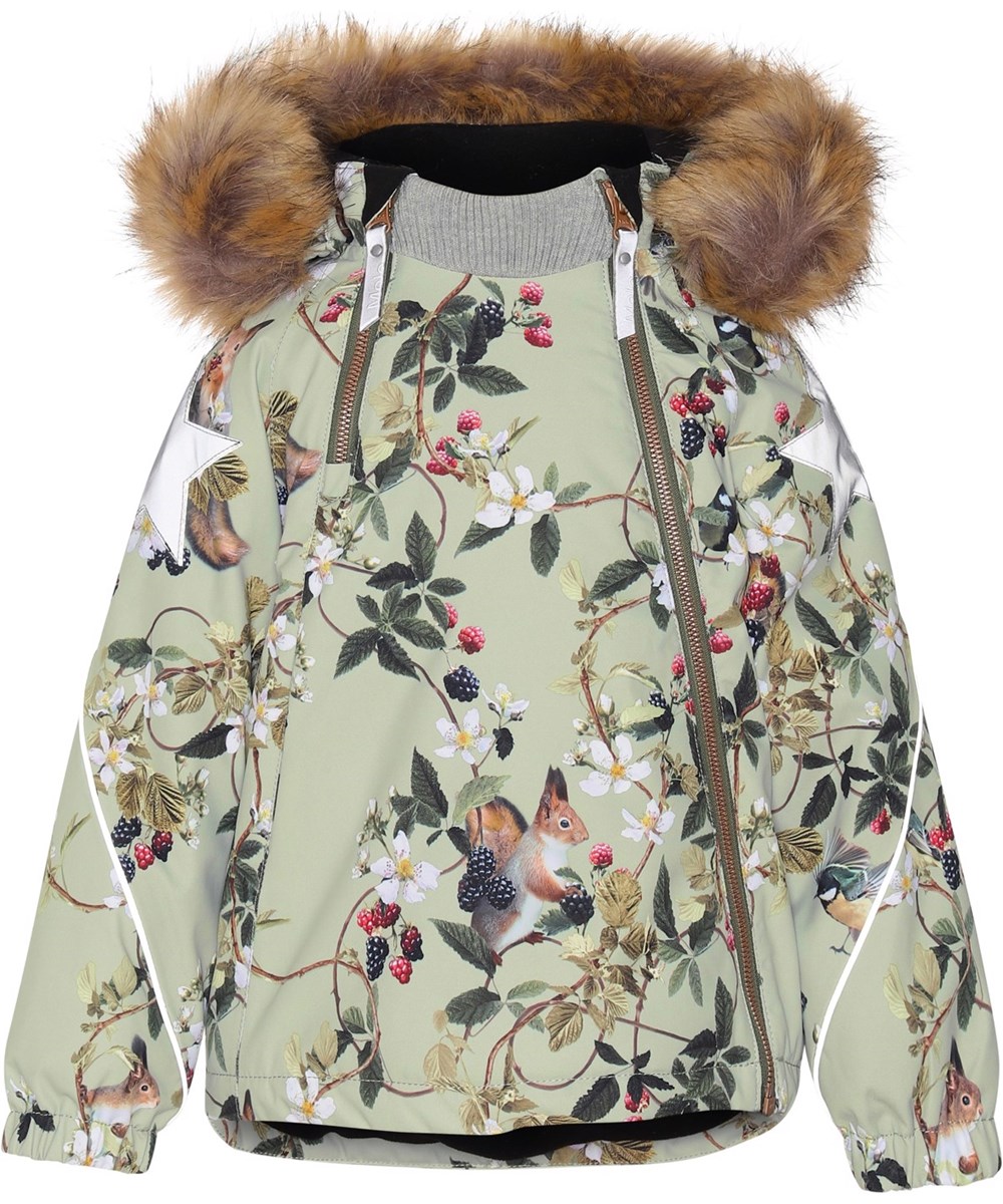 Hopla Fur - Forest Life - Gerecyclede groene winterjas met bloemen en bramenprint