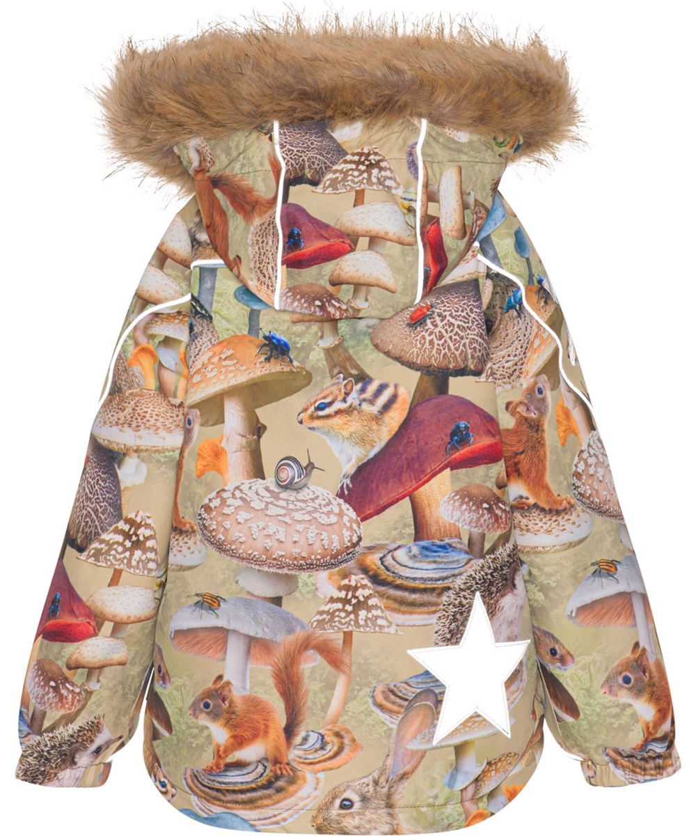Hopla Fur - Fungi Habitat - Gerecyclede winterjas met een print van paddenstoelen en dieren
