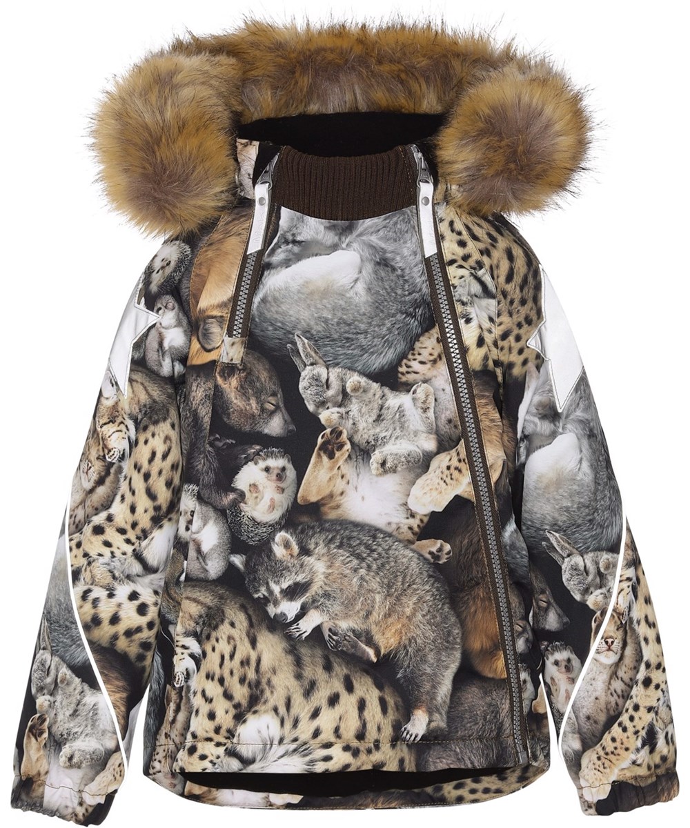 Hopla Fur - Sleeping Cubs - Gerecyclede bruine winterjas met dierenprint