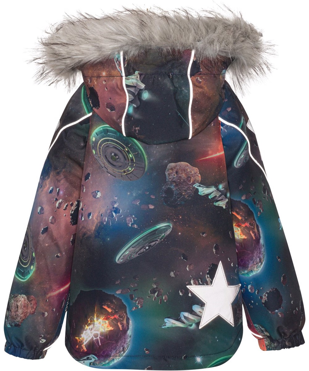 Hopla Fur - Space Journey - Gerecyclede winterjas met ruimteschepen en planeten print