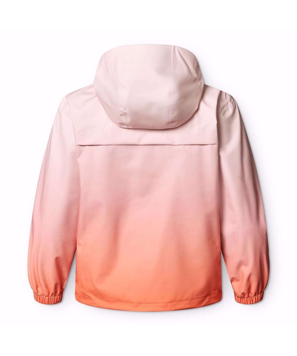 Horizon - Fade Pink - Wind- en waterdichte kinderjas met een roze capuchon van gerecycled polyester in verschillende tinten oranje.