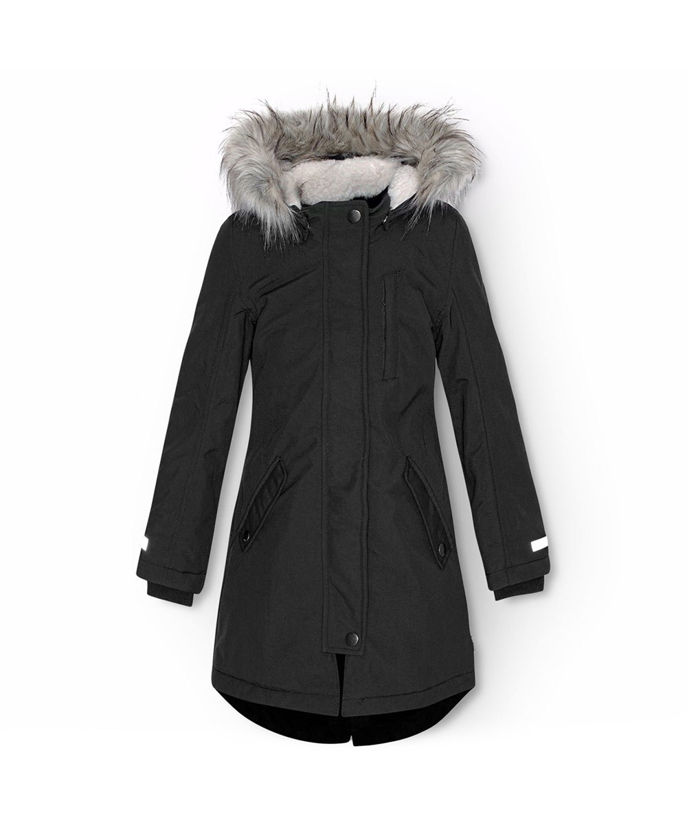 Peace - Black - Zwarte wind- en waterdichte winterjas voor kinderen van gerecycled nylon.