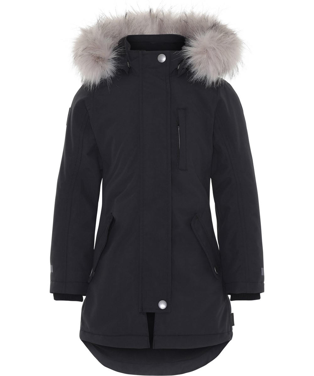 Peace - Very Black - Zwarte winterjas met nepbont.