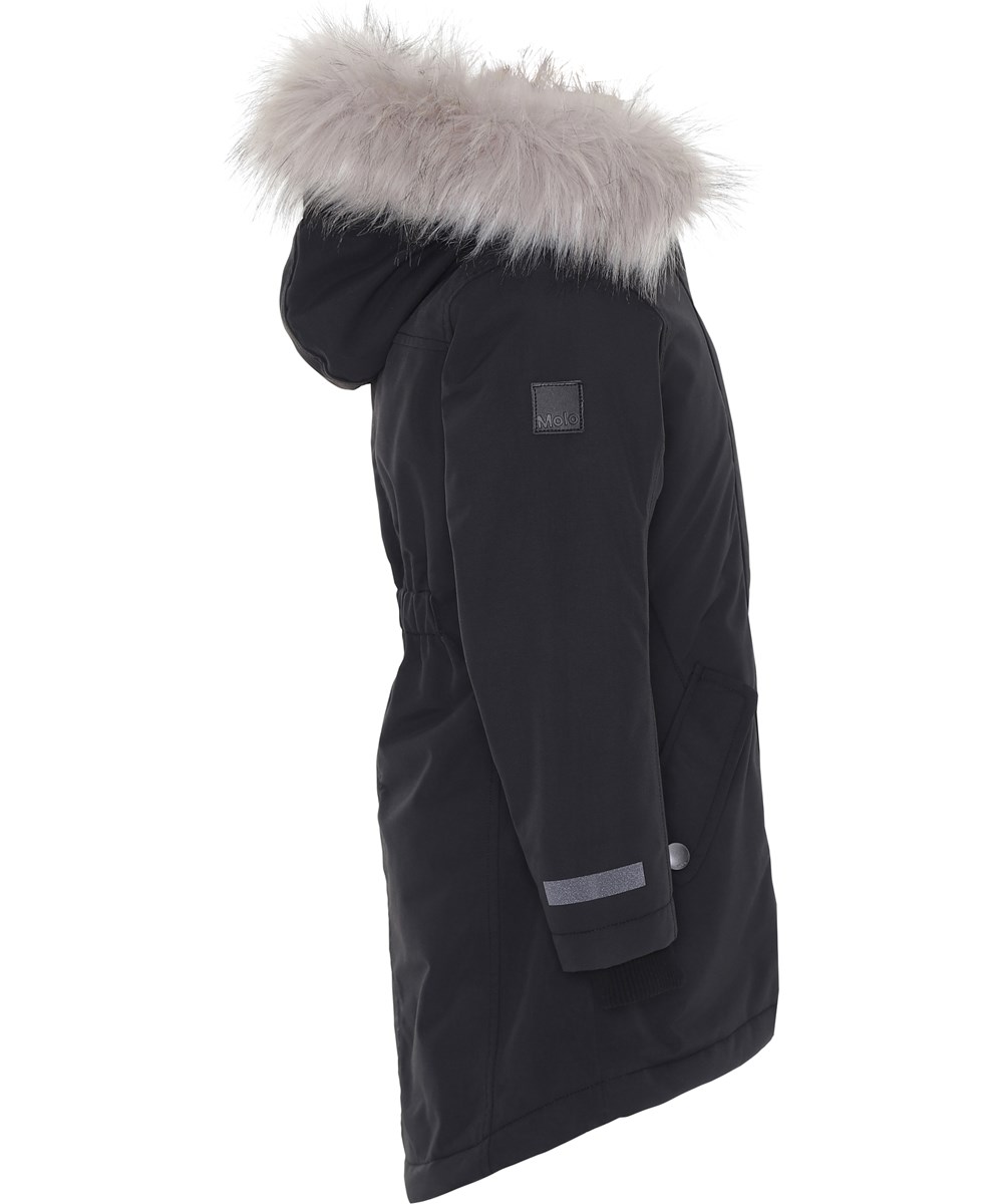 Peace - Very Black - Zwarte winterjas met nepbont.