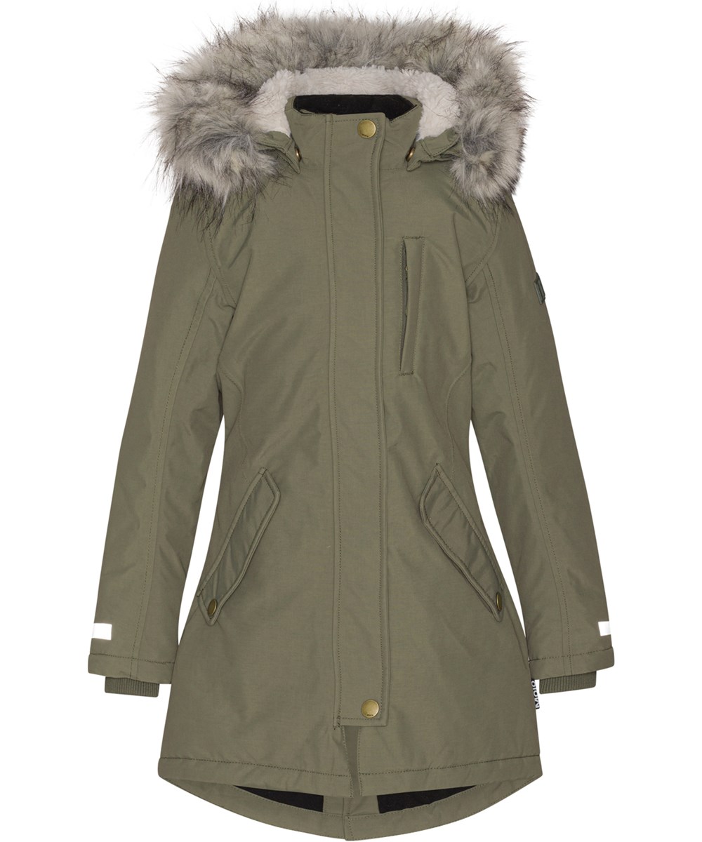 Peace - Dusty Green - Gerecyclede groene parka winterjas met imitiatiebont