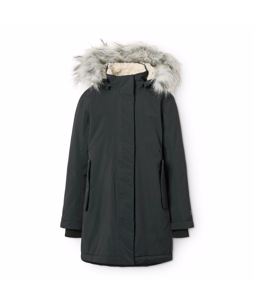 Peace - Black - Wind- en waterdichte zwarte kinderjas gemaakt van gerecycled nylon met ritssluiting, hoge kraag en afneembare capuchon met imitatiebont.