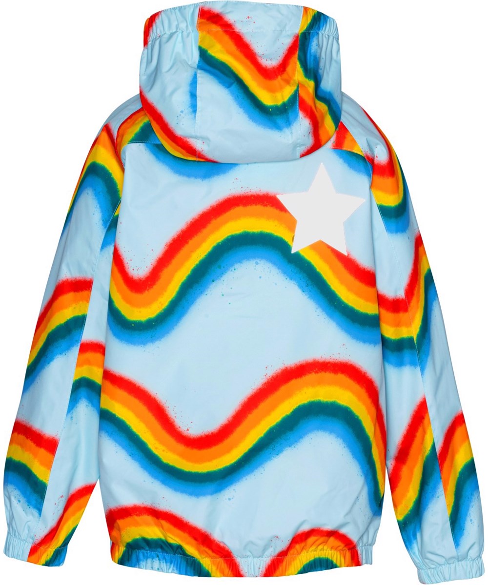 Waiton - Rainbow Waves - Lichtblauwe ademende regenjas met regenboogprint
