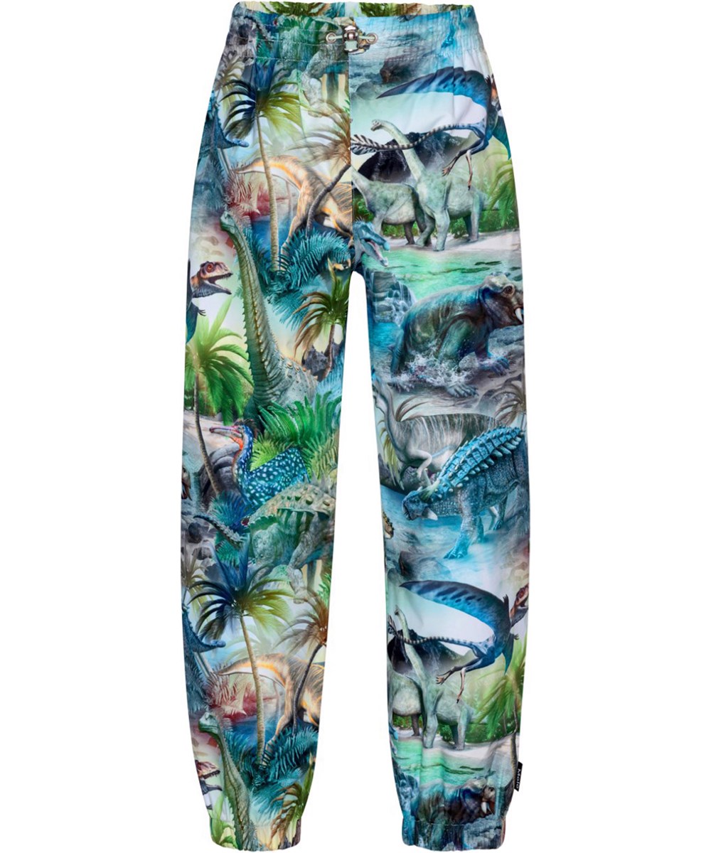 Waits - Dino Fantastic - Blauwe en groene ademende regenbroek met dinosaurusprint