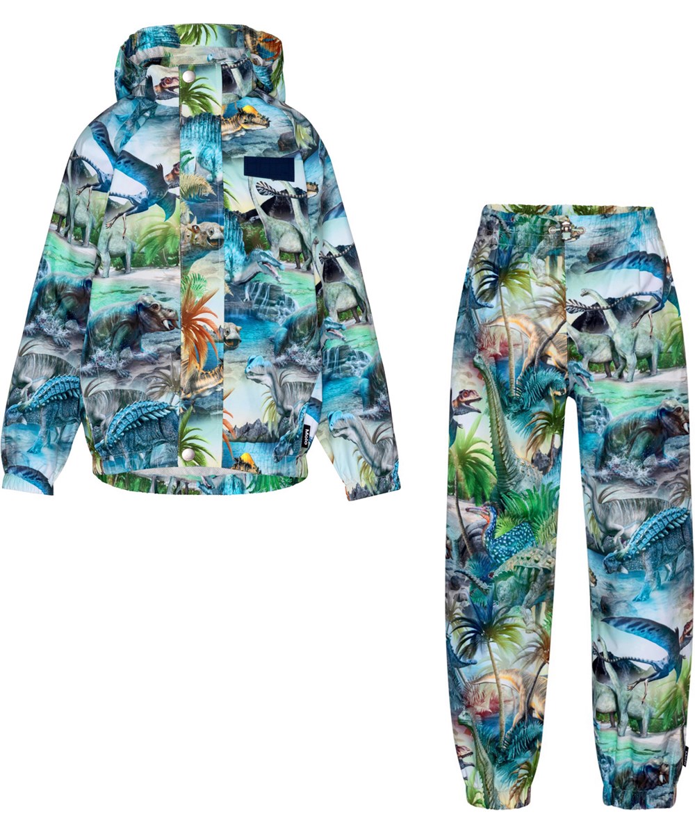 Whalley - Dino Fantastic - Groene en blauwe ademende regenpak met dinosaurusprint