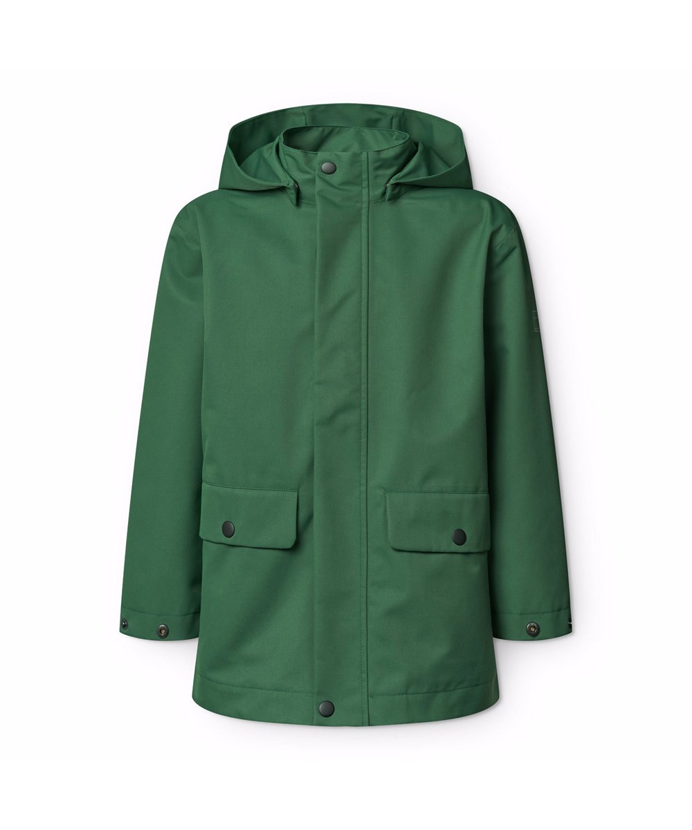 Windy - Rubber Tree - Groene wind- en waterdichte regenjas voor kinderen van gerecycled polyester met een afneembare capuchon.