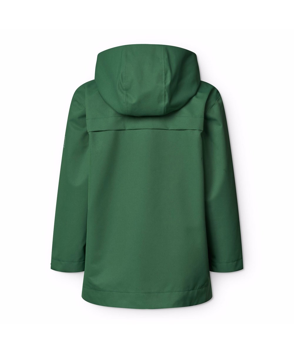 Windy - Rubber Tree - Groene wind- en waterdichte regenjas voor kinderen van gerecycled polyester met een afneembare capuchon.