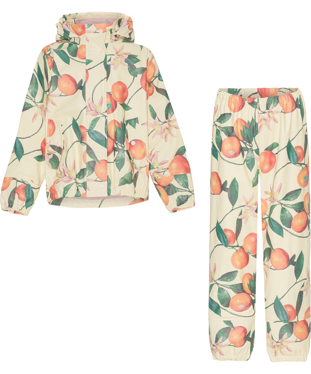 Zet - Mandarin Pink - Lichtgele rubberen regenpak met oranje print