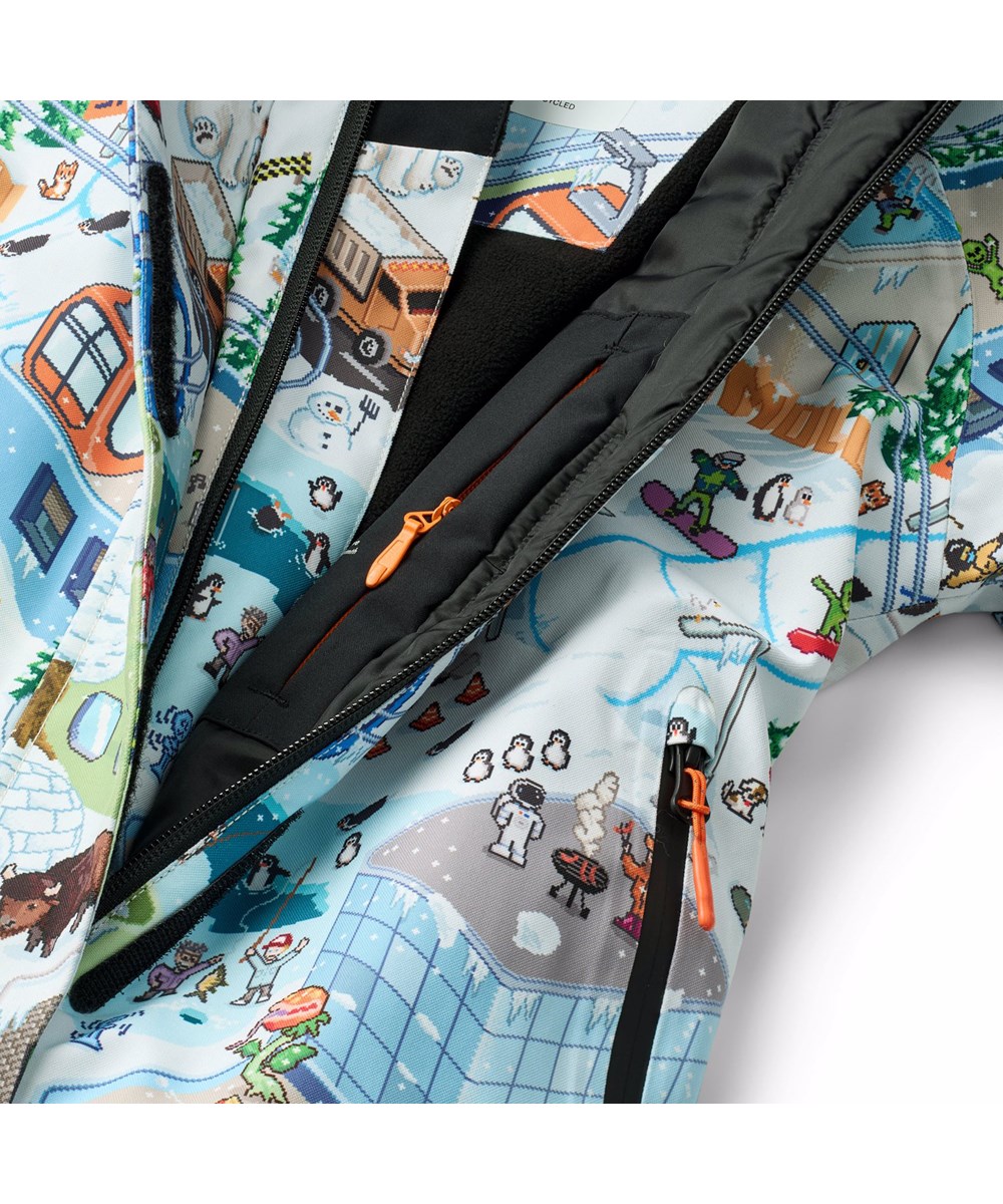 Hux - Pixel Winter - Wind- en waterdichte skipak voor een kouden winter of skivakantie met een pixelprint van de echte wereld en leuke personages uit de collecties van Molo gemaakt van gerecycled polyester en gevoerd met 3M™ Thinsulate™.